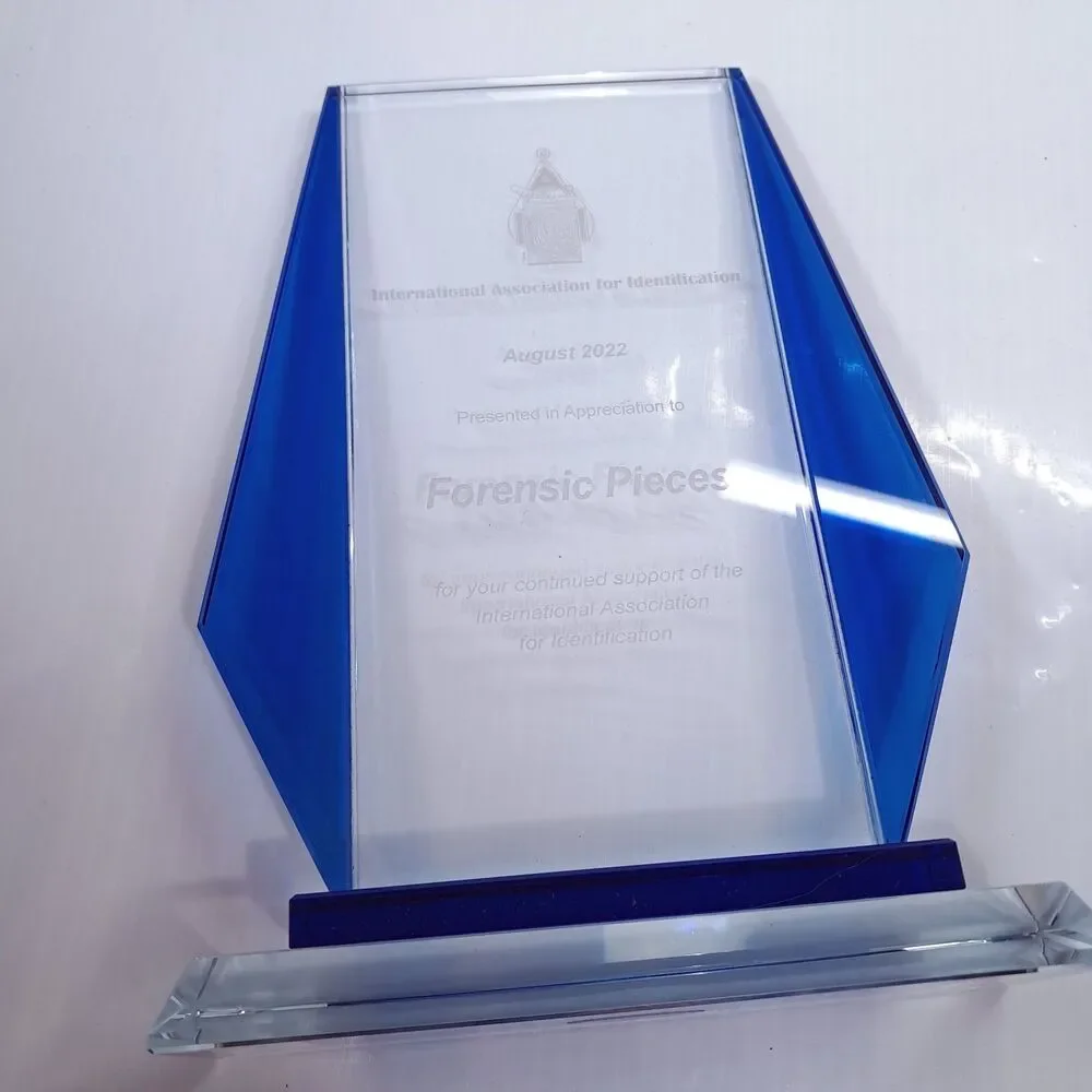 International Association for Identification Forensic Pieces glass award trophy